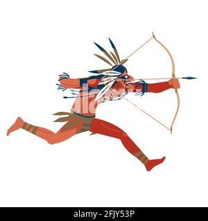 Archer, guerrier maori attaque la course en tirant un arc. Guerrier indien d'origine avec arc. Dessin animé, illustration vectorielle plate isolée dans Illustration de Vecteur