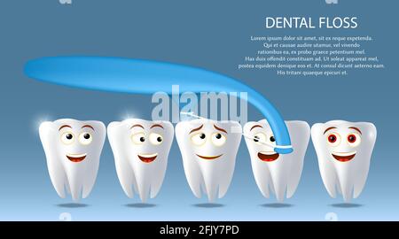 Affiche vectorielle de soie dentaire de soins buccaux, modèle de bannière. Dents de dessin animé avec cure-dents en soie dentaire. Dentisterie pour enfants, hygiène. Illustration de Vecteur