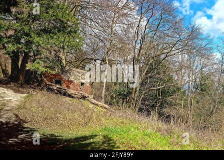 Une boîte à pilules abandonnée de la Seconde Guerre mondiale sur le Nord Downs près de Dorking dans le Surrey Hills Angleterre Royaume-Uni Banque D'Images