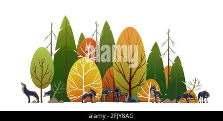 Wolf Pack dans la forêt. Chasse aux loups de bois. Paysage, parc d'arbres verts, allée et feuillage en été avec animaux. Rangée d'arbres et d'arbustes. Dessin animé Illustration de Vecteur