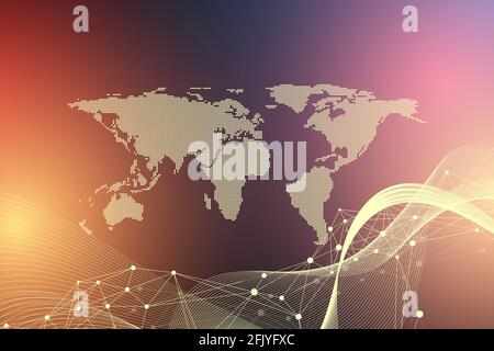 Carte du monde concept de réseau technologique mondial. Visualisation des données numériques. Plexus de lignes. Communication en arrière-plan Big Data. Illustration scientifique. Banque D'Images