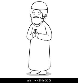 Homme musulman avec robe blanche musulman traditionnel.pardon à un autre musulman dans le mois du ramadan, en utilisant le masque et le protocole sain.charact vecteur Illustration de Vecteur