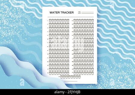 Système de suivi de l'eau. Calendrier de la balance de l'eau. Outil de suivi mensuel Water. 31 jours. Défi d'hydratation. Arrière-plan bleu. Vecteur Illustration de Vecteur