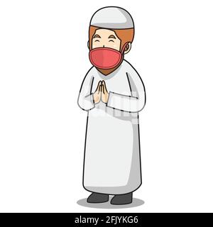 Homme musulman avec robe blanche musulman traditionnel.pardon à un autre musulman dans le mois du ramadan, en utilisant le masque et le protocole sain.charact vecteur Illustration de Vecteur