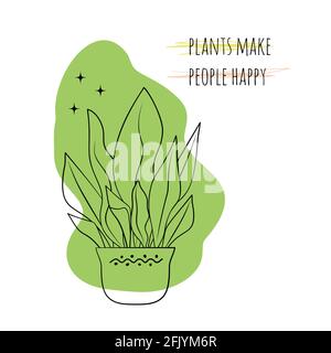 Illustration de boho minimaliste des plantes de citation rendre les gens heureux avec black line art pot maison plante aspidistrata et vert abstrait fond de forme Illustration de Vecteur