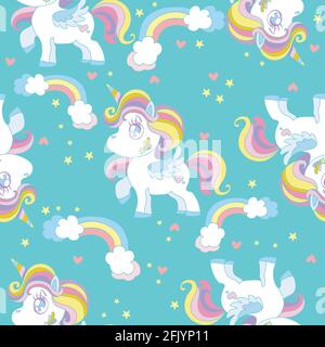 Motif sans couture avec des licornes et des arcs-en-ciel mignons de dessin animé sur fond turquoise. Illustration vectorielle pour fête, impression, douche de bébé, papier peint, design Illustration de Vecteur