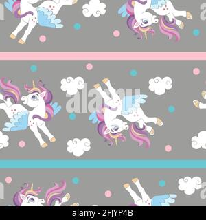 Motif sans couture avec des licornes de dessins animés et des nuages sur fond gris. Illustration vectorielle pour fête, impression, douche de bébé, papier peint, design, décor Illustration de Vecteur