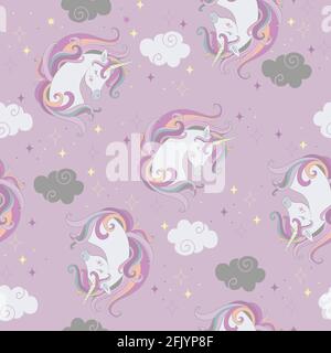 Motif sans couture avec de belles têtes de licornes et des nuages sur fond violet. Illustration vectorielle pour fête, impression, douche de bébé, papier peint, design, Illustration de Vecteur