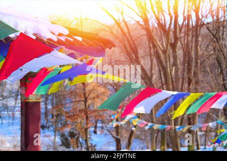 Les drapeaux de prière tibétains bouddhistes volent sur le vent sur fond d'arbres. Lumière du soleil visible à travers de nombreux drapeaux de prière colorés. Banque D'Images