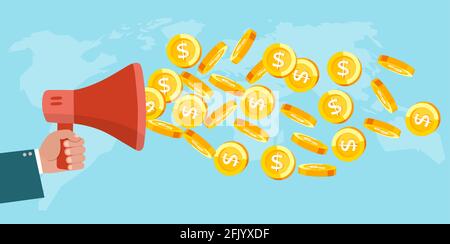 Vecteur d'un homme d'affaires avec haut-parleur faisant une annonce avec pièces de monnaie en dollars sortant du mégaphone Illustration de Vecteur