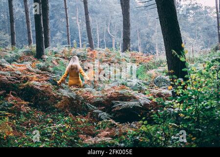 Femme blonde en blouson jaune marchant dans une forêt défrichant surcultivé avec de la fougère Banque D'Images