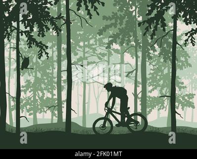 Silhouette de cycliste dans une forêt magique et brumeuse. Paysage sauvage. Hibou sur branche. Illustration verte. Illustration de Vecteur