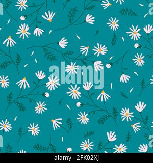 Motif sans couture avec fleurs et feuilles de prairie sur fond bleu. Illustration de Vecteur