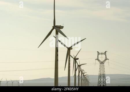 Des éoliennes et des lignes électriques sillonnent le désert à la périphérie ouest de Turpan, dans l'un des endroits les plus chauds de la planète. Les énergies renouvelables éoliennes sont de plus en plus utilisées par les Chinois pour développer leurs industries gourmandes en énergie, comme on le voit ici dans le Xinjiang oriental, en Chine, en RPC. © Time-snapshots Banque D'Images