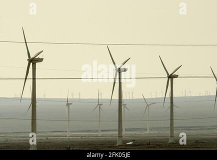 Des éoliennes et des lignes électriques sillonnent le désert à la périphérie ouest de Turpan, dans l'un des endroits les plus chauds de la planète. Les énergies renouvelables éoliennes sont de plus en plus utilisées par les Chinois pour développer leurs industries gourmandes en énergie, comme on le voit ici dans le Xinjiang oriental, en Chine, en RPC. © Time-snapshots Banque D'Images