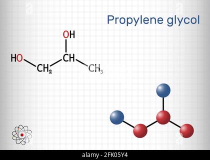 Molécule de propylène glycol (1,2-propanediol, propane-1,2-diol). Il s'agit du propanediol, de l'humectant, de l'antigel, de l'additif alimentaire E1520. Feuille de papier dans un Illustration de Vecteur