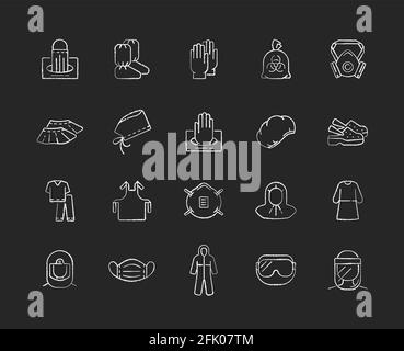 Les icônes blanches de la craie de l'équipement de protection individuelle médical sont placées sur un fond noir Illustration de Vecteur