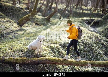 Une jeune femme en vêtements de randonnée et sac à dos passe du temps avec un grand chien blanc dans la forêt verte de printemps. Aime et explore la nature tranquille. Marche sur un arbre de l'autre côté de la rivière. Banque D'Images