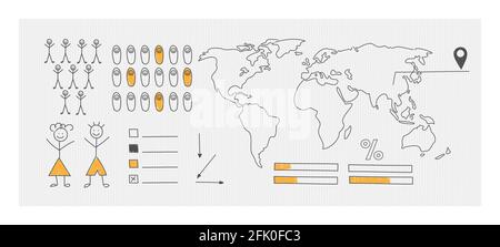 Une carte schématique du monde pour la visualisation des statistiques. Éléments d'infographies dessinés à la main. Illustration de Vecteur