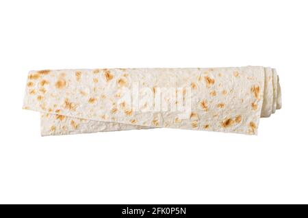 Lavash - délicieux pain plat sain arménien et turc sans levain. Pain pita fin roulé isolé sur fond blanc. Banque D'Images