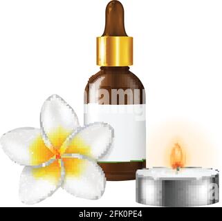 Illustration d'aromathérapie avec une fleur de frangipani, une bouteille d'huile essentielle et une bougie. Illustration vectorielle. Illustration de Vecteur