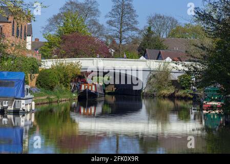 Des bateaux étroits sur le canal Bridgewater à Stockton Heath l'après-midi de printemps près du pont London Road sur l'A49. Banque D'Images