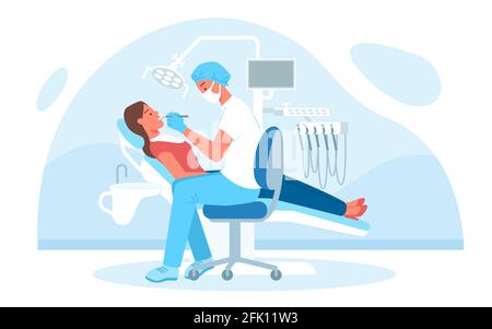 Médecine dentaire examen médical à l'hôpital, médecin dentiste en masque examinant les dents du patient Illustration de Vecteur