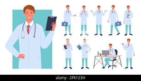 Médecin homme pose ensemble d'infographie, jeune homme professionnel medic tenant une boîte d'urgence Illustration de Vecteur