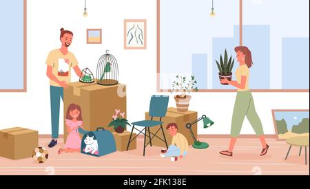 Famille heureuse déménagent, père, mère et enfants déménagent dans une nouvelle maison ou un nouvel appartement Illustration de Vecteur