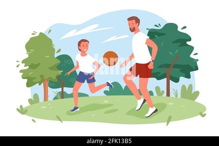 Les familles jouent au ballon dans le parc d'été de la nature de la ville, le père et le fils jouent au jeu de sport amusant Illustration de Vecteur