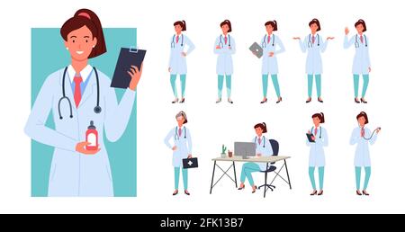 Médecin femme pose ensemble d'infographies, jeune femme médecin debout avec sac de premiers soins Illustration de Vecteur