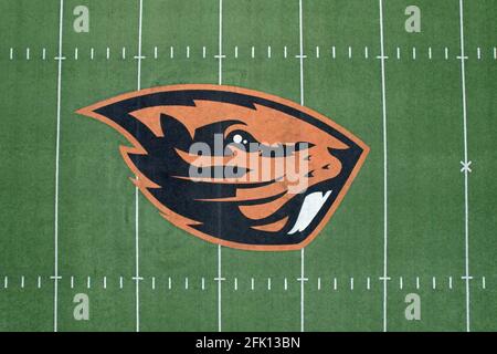 Une vue aérienne des logos des Oregon State Beavers et de la conférence PAC-12 sur le terrain de football du Reser Stadium sur le campus de l'Oregon State, vendredi, Apri Banque D'Images