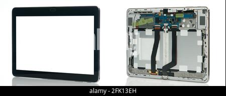 Tablette moderne ouverte avec électronique isométrique isolée à l'arrière et à l'avant vue Banque D'Images