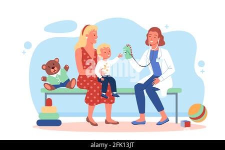 Bonne famille sur le contrôle pédiatre, médecin femme et enfant garçon patient jouant ensemble Illustration de Vecteur