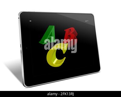 Tablette PC avec les lettres A B C, illustration 3D sur fond blanc Banque D'Images