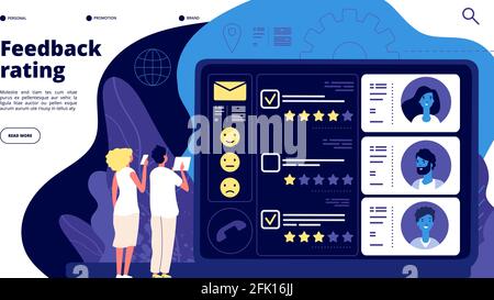 Page de renvoi de commentaires. Évaluation du groupe de satisfaction de la clientèle, prise en charge de l'évaluation de l'opinion des clients. Concept de vecteur d'évaluation de la qualité du produit Illustration de Vecteur