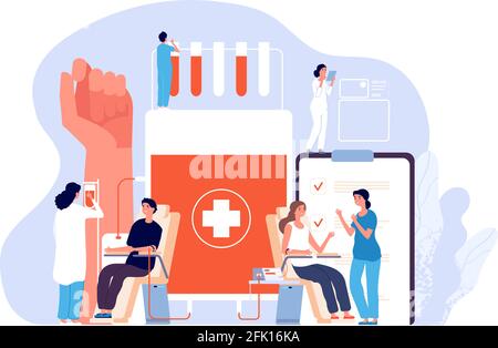 Don de sang. Bénévoles avec des infirmières qui donnent du sang à l'hôpital. Concept de vecteur de la journée mondiale du don de sang Illustration de Vecteur