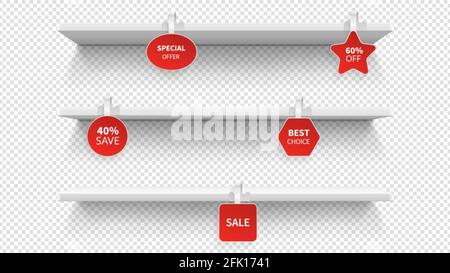 Etagères d'atelier. Étagères de présentation au détail isolées. Étagère 3d de supermarché avec wobblers. Stand promotionnel et vente ou rabais vecteur de maquettes vierges Illustration de Vecteur