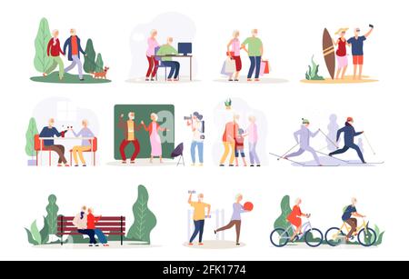 Vieux couple. Collection de personnes actives Vector. Joyeux vieux personnages. Personnes âgées dans un café, un parc, une forêt. Grand-père grand-mère ensemble vectoriel Illustration de Vecteur