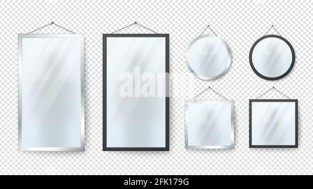 Miroir réaliste. Miroirs rectangulaires à réflexion ronde avec cadres métalliques et noirs isolés sur fond transparent. Décoration intérieure argent brillant Illustration de Vecteur