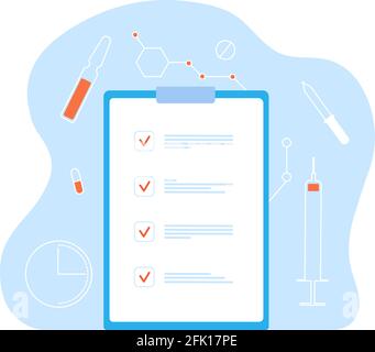 Dossier médical. Carte d'identité de santé, liste de contrôle des services de diagnostic. Assurance maladie ou antécédents des patients. Concept de vecteur de liste d'analyse clinique Illustration de Vecteur