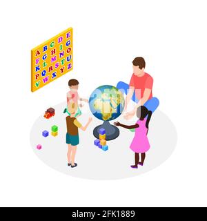 Éducation des enfants. Enseignement aux enfants, apprentissage des enfants d'âge préscolaire. Isométrique homme enseignant dans la maternelle internationale. Conférence de créativité sur la planète. École Illustration de Vecteur