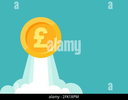 Livre d'or livre sterling pièce comme la fusée vole vers le haut. Renforcement de la monnaie et augmentation du taux de change. Croissance des revenus. Succès financier. Icône plate. Isol Illustration de Vecteur
