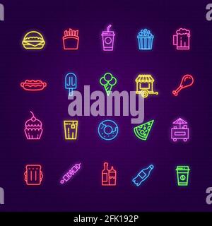 Icônes de la nourriture au néon. Affiche de couleur hamburger, crème glacée et boissons, hot dog et pizza. Symboles vectoriels lumineux au bar, au restaurant ou au café Illustration de Vecteur