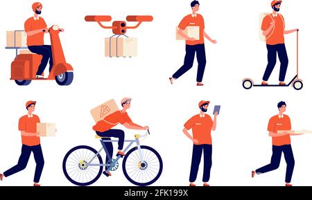 Liveur Garçon de service, colis de messagerie. Jeune postier à vélo, personnage masculin avec pizza. Boîte de conservation des employés. Jeu de vecteurs de type postal Illustration de Vecteur