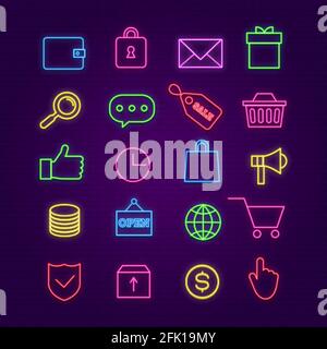 Icônes de shopping au néon. E-commerce, commerce des signes colorés avec des effets de lueur. Ranger les symboles d'éclairage vectoriels pour chariot, argent, boîte et badge de vente sur un mur en brique Illustration de Vecteur