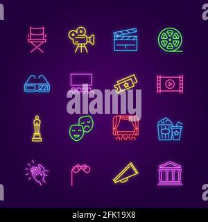 Les icônes du cinéma. Symboles colorés de l'animation au néon. Panneaux d'extérieur à LED ou éléments lumineux à LED en toile. Jeu de vecteurs cinéma et cinéma Illustration de Vecteur