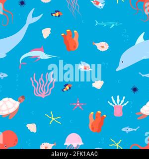 Motif animal marin. Fond de bébé marin. Joli dessin animé poulpe de méduses. Illustration de l'océan ou de l'aquarium. Nature sauvage vecteur de vie sans couture Illustration de Vecteur