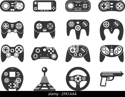 Console de jeux noire. Manette de jeux vidéo, périphérique de jeu. Silhouette isolée de gadgets, de contrôleurs et de consoles. Icônes vectorielles de jeu Illustration de Vecteur