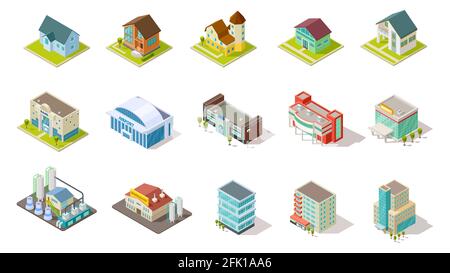 Bâtiments isométriques. Infrastructure urbaine, bâtiments résidentiels, industriels et sociaux ensemble de vecteurs 3d Illustration de Vecteur